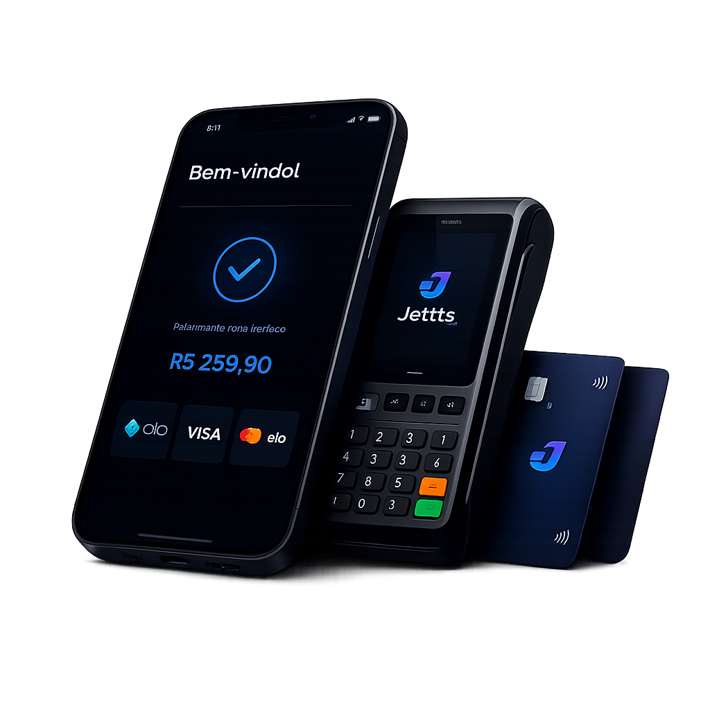 Celular exibindo pagamento aprovado, maquininha Jettis e cartões